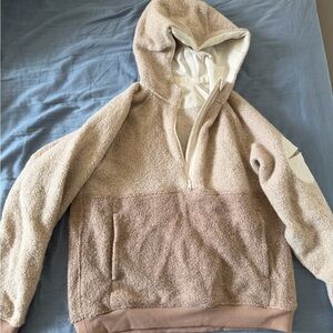 Outdoor Voices Cream and Beige Teddy Half-Zip Hoodie